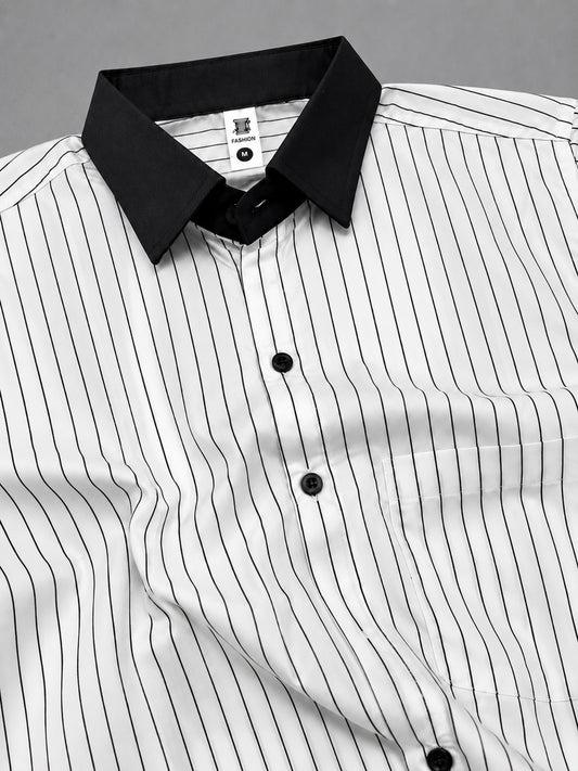 Men's White Pinstripe Formal Shirt with Black Contrast Collar & Cuffs