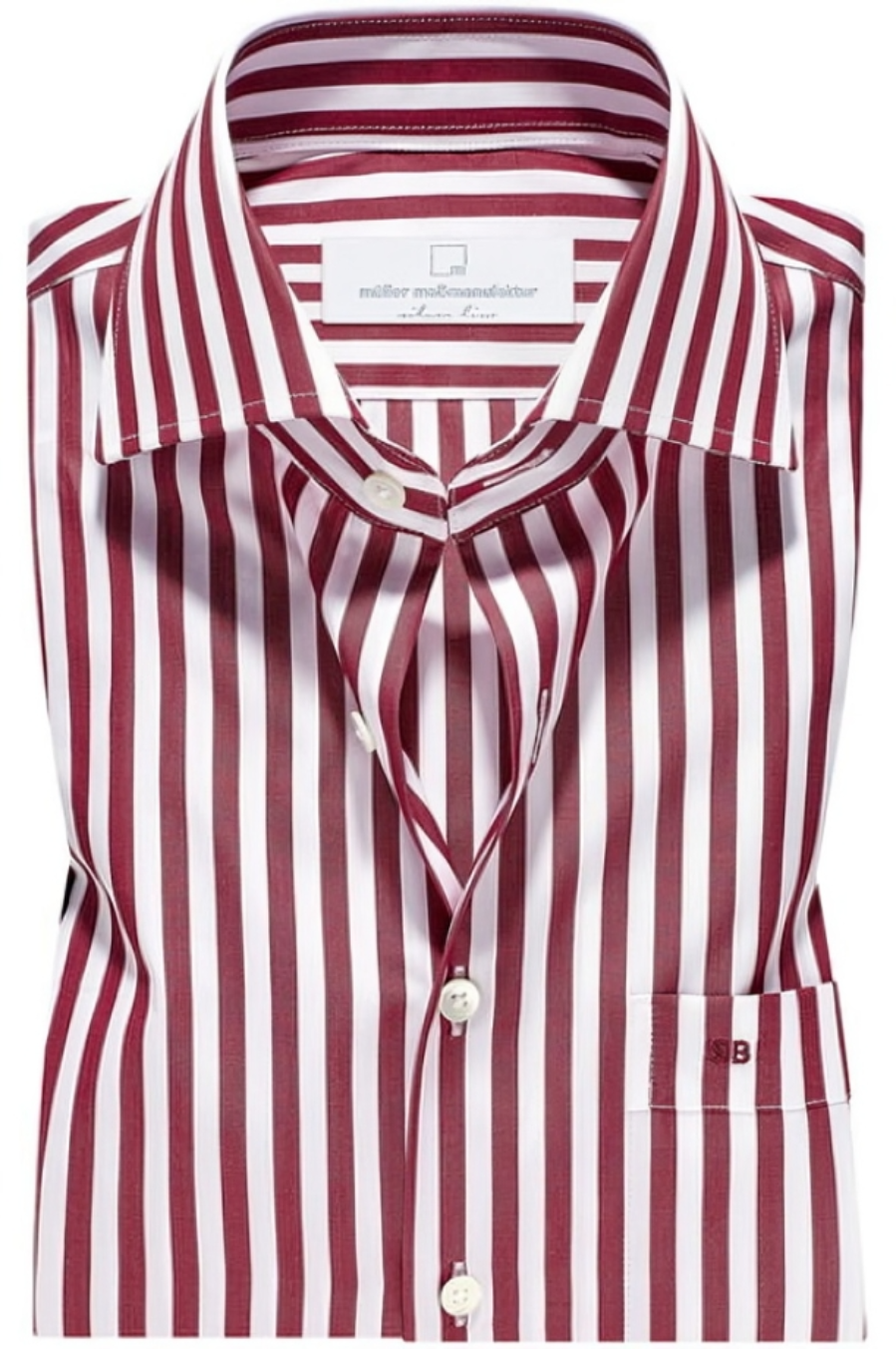 A red and white striped, long-sleeved, tailored shirt with a point collar and a single front pocket.