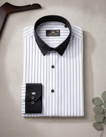 Men's White Pinstripe Formal Shirt with Black Contrast Collar & Cuffs