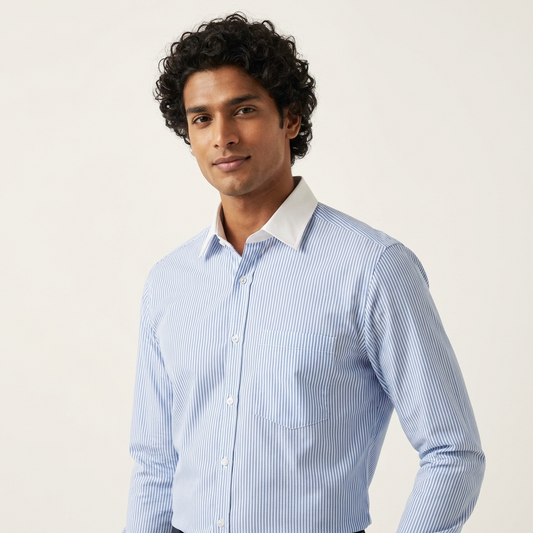 Luxthred Skyblue Stripe Formal Shirt with- White Coller and Cuffs
