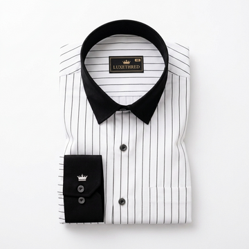 Men's White Pinstripe Formal Shirt with Black Contrast Collar & Cuffs
