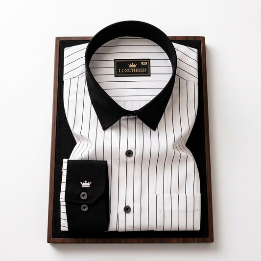 Men's White Pinstripe Formal Shirt with Black Contrast Collar & Cuffs