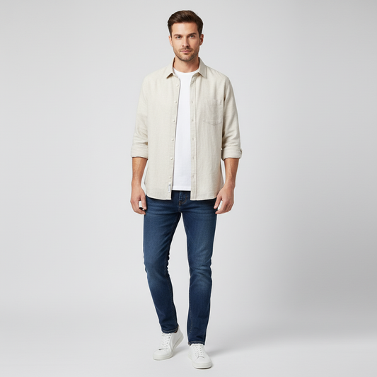 Gray&white Casual Linen Shirt for Men by luxethred - Long Sleeve Spring/Business Literary Style